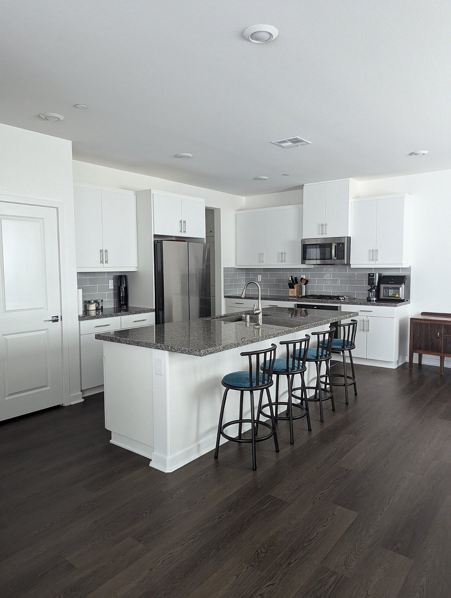 Kitchen.
Space on counter, in pantry and in drawer/cabinet next to stove available for guest items