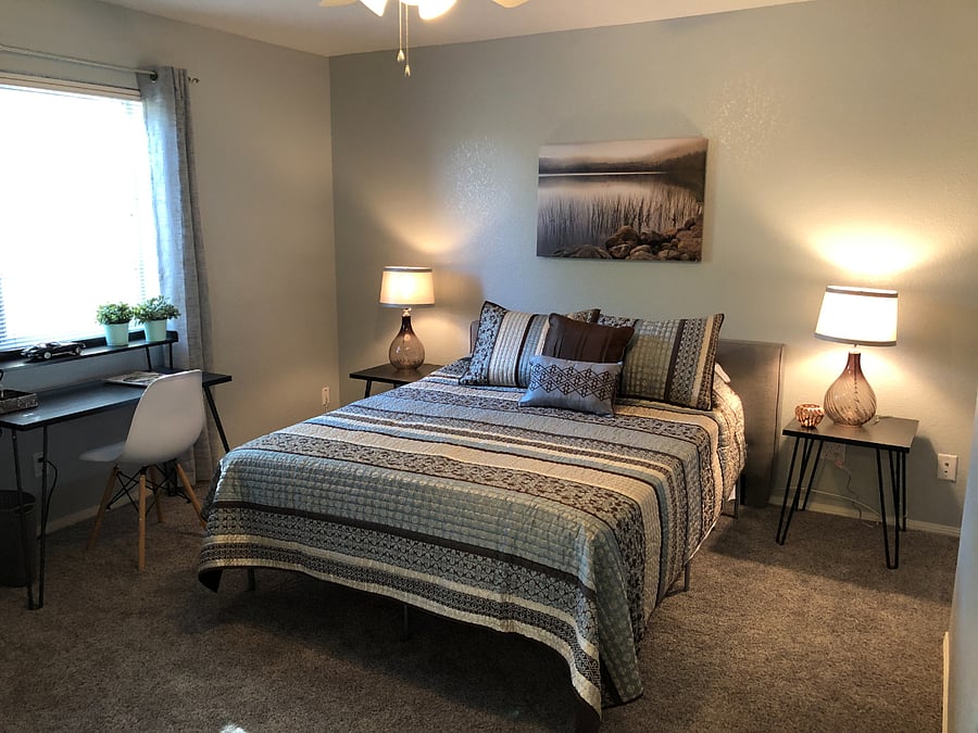 Bedroom #3 with Queen Bed and Desk private door to bathroom