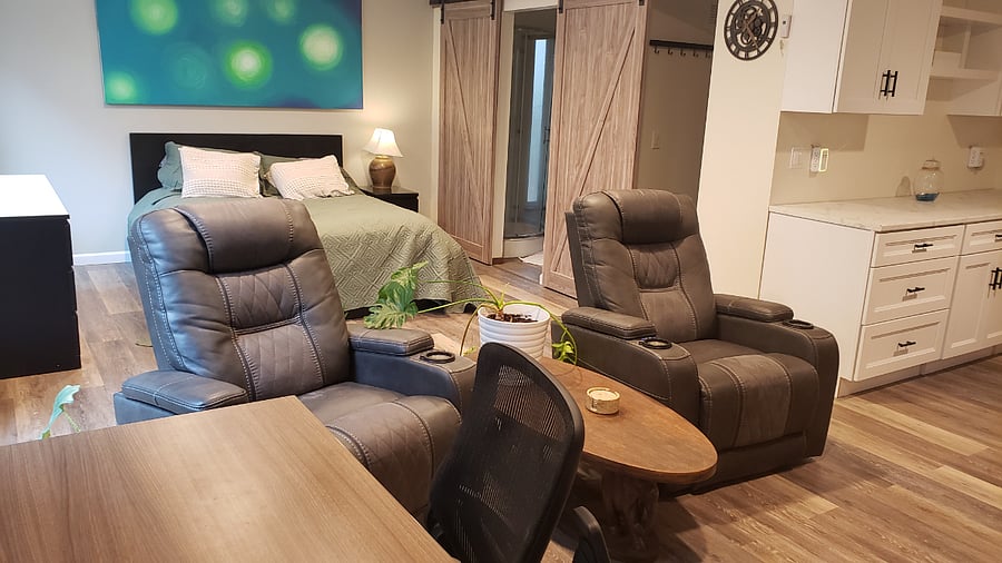 master/studio/ bedroom 432  ft^2  is for 1200. This room has an ensuite, private entry, dinning/sitting /TV area and computer desk and pet friendly
