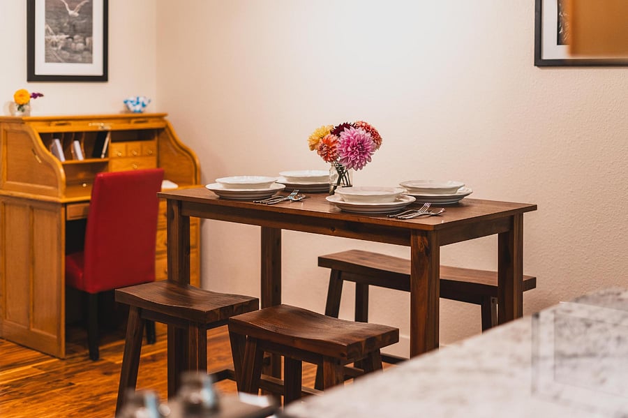 Dining table and desk.