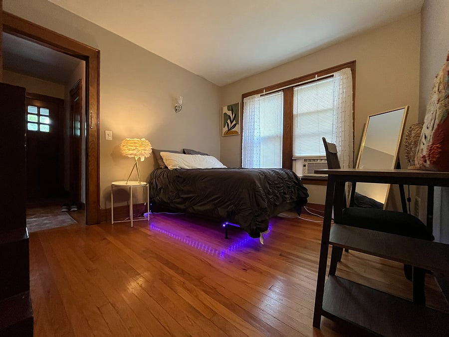 Front bedroom. Full size bed with desk/workspace