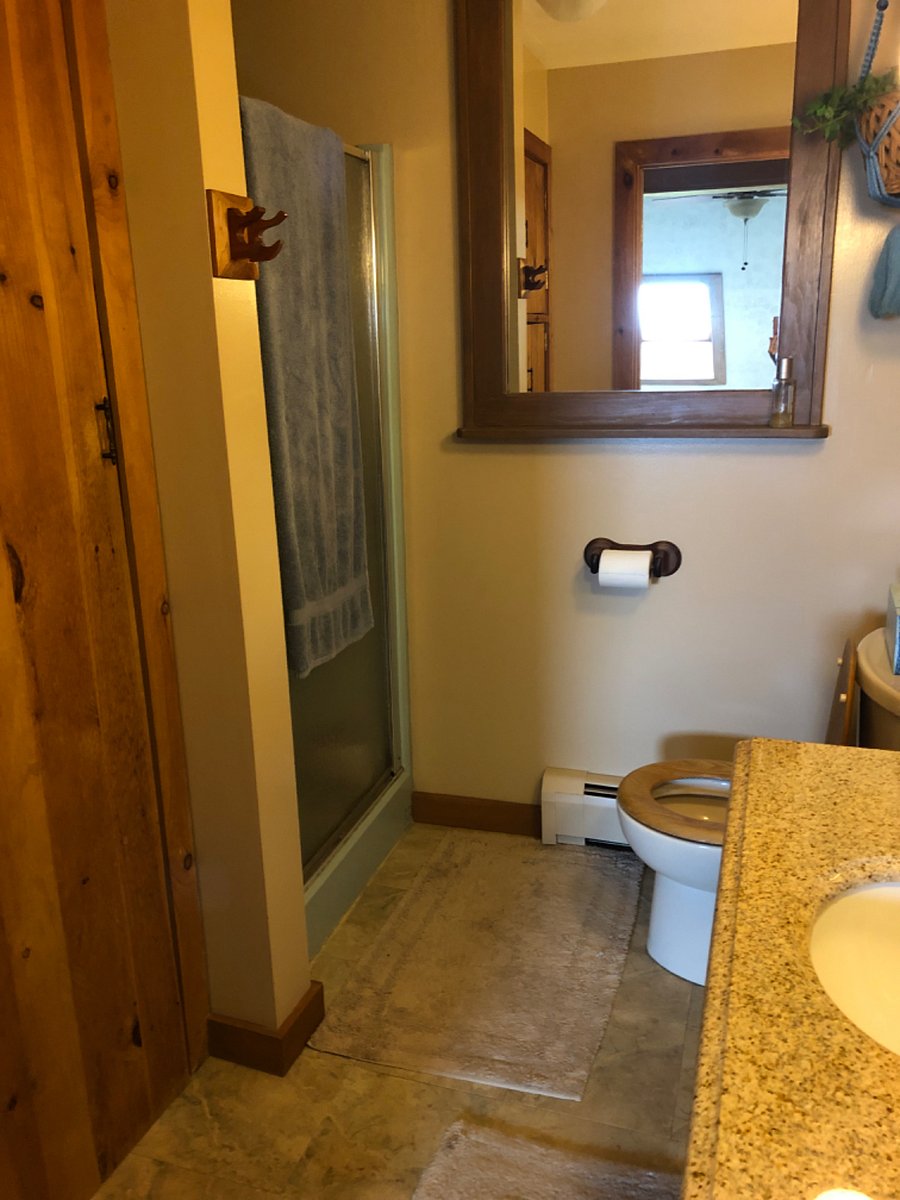Upstairs bath with a shower and laundry chute.