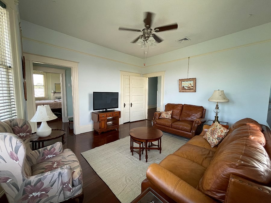 Living room showing reading room/balcony door and (lockable!) bedroom door