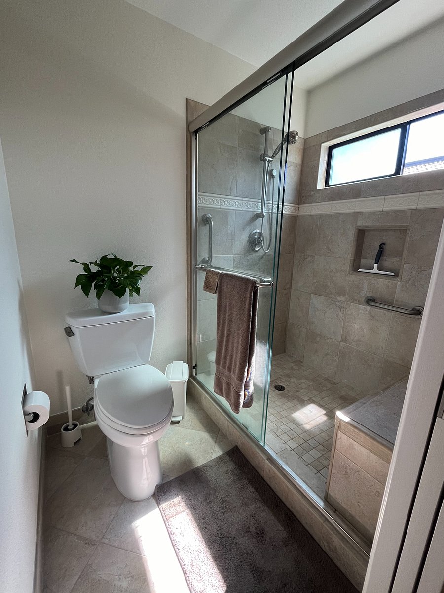 Private en-suite bathroom features walk-in shower with glass doors, natural light.