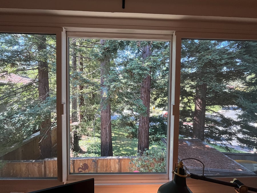 The master suite has lots of privacy and beautiful views into the redwood trees.