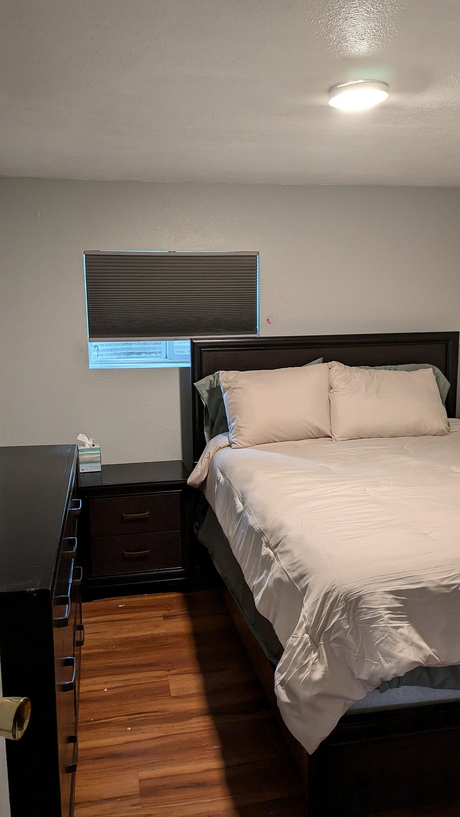 Queen bedroom with dresser, nightstand and closet
