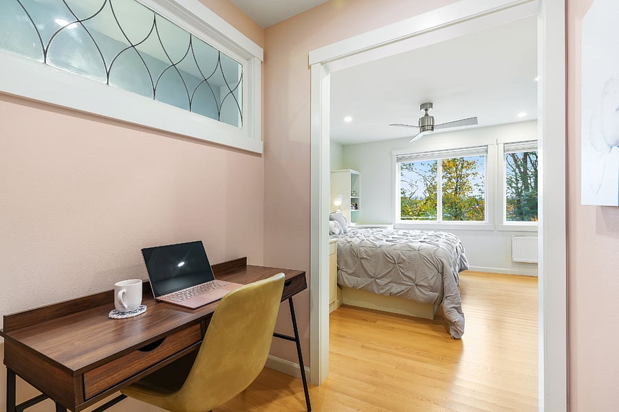 Once inside the main bedroom there is a small entry that can be used as an office or Zoom Room.