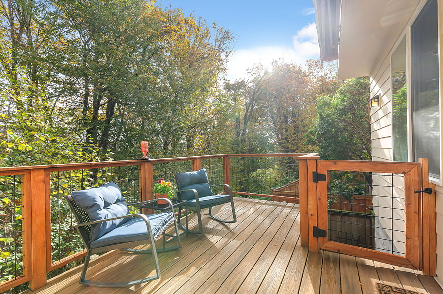 The patio outside the living room is a beautiful and tranquil retreat.