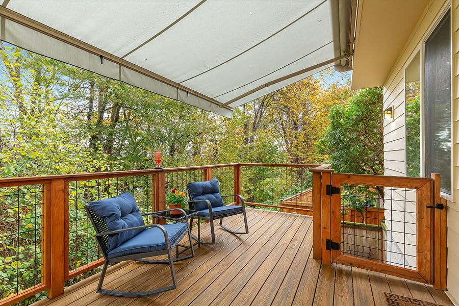 A mechanical awning is installed above the patio so it can enjoyed year round.