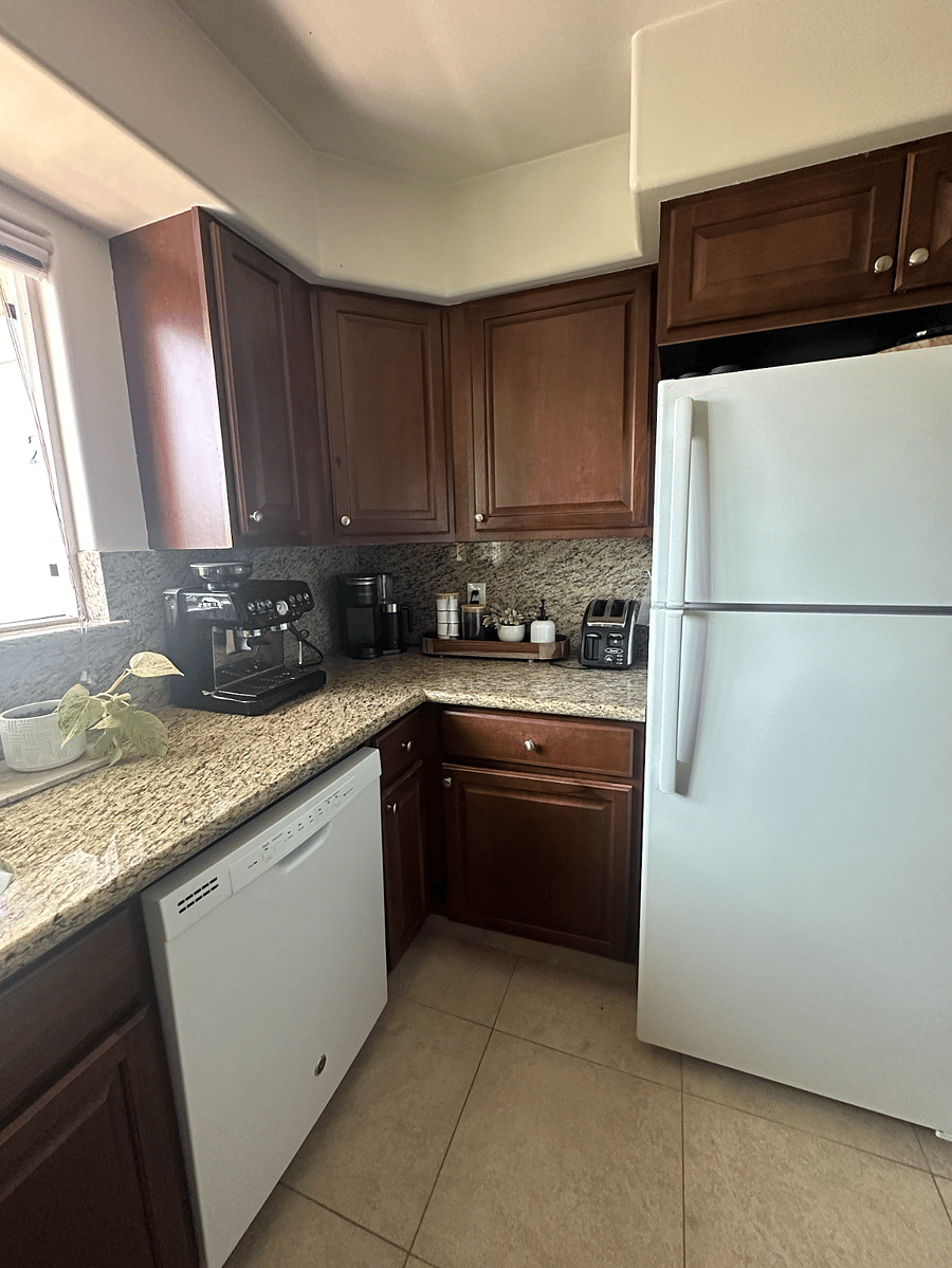 Toaster, air fryer, griddle, espresso machine, kurieg, dish washer, electric stove top, fridge space, microwave and all kitchen utensils.