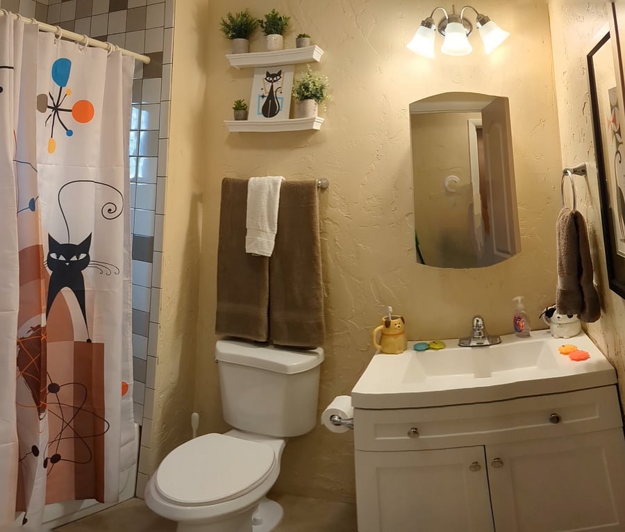 Tile shower enclosure, soaking tub, fun decor, basic necessities, cube shelves (not shown)