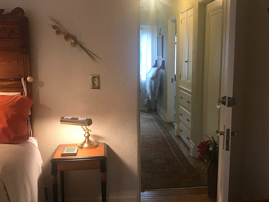 Master view hallway to bathroom.