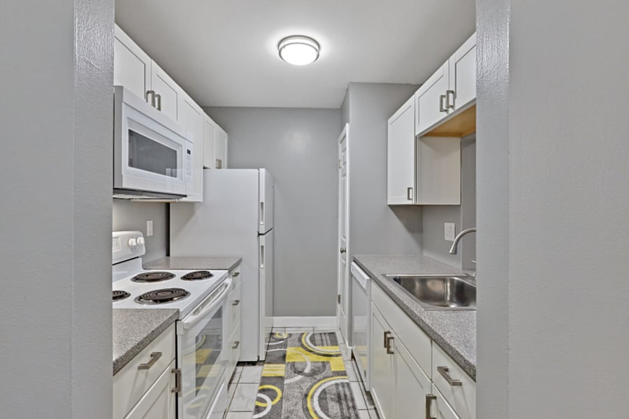 Fully furnished kitchen with dishwasher, disposal, electric stove, microwave, full sized refrigerator, Keurig machine