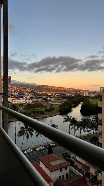 Stunning Ala Wai and Manoa Valley views at sunset.