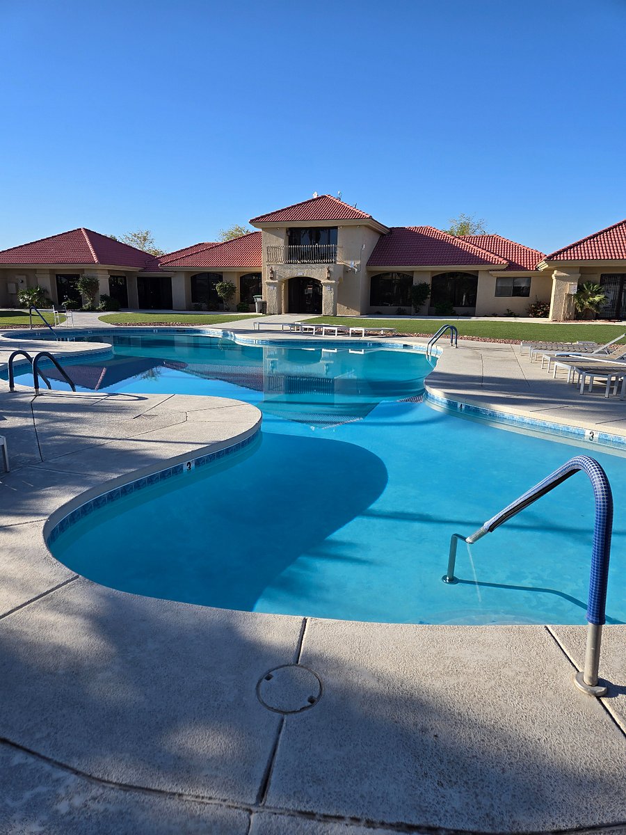 Clubhouse sparkling pool is heated in March