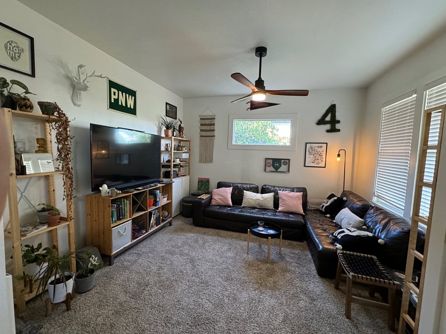 Shared living room. 60" TV. Couches are different but the rest of the room is still largely the same. 