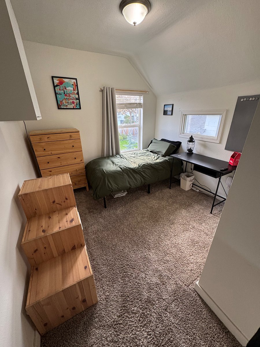 Upstairs room. Twin-size bed with space under bed for totes/boxes.