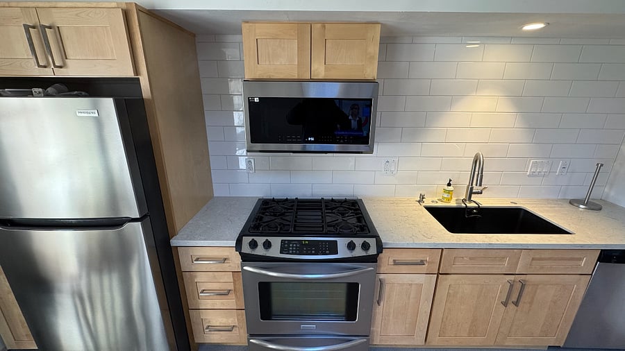 Kitchen close up with added cabinet and microwave