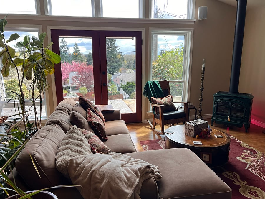 View of the great room, fireplace and scenery