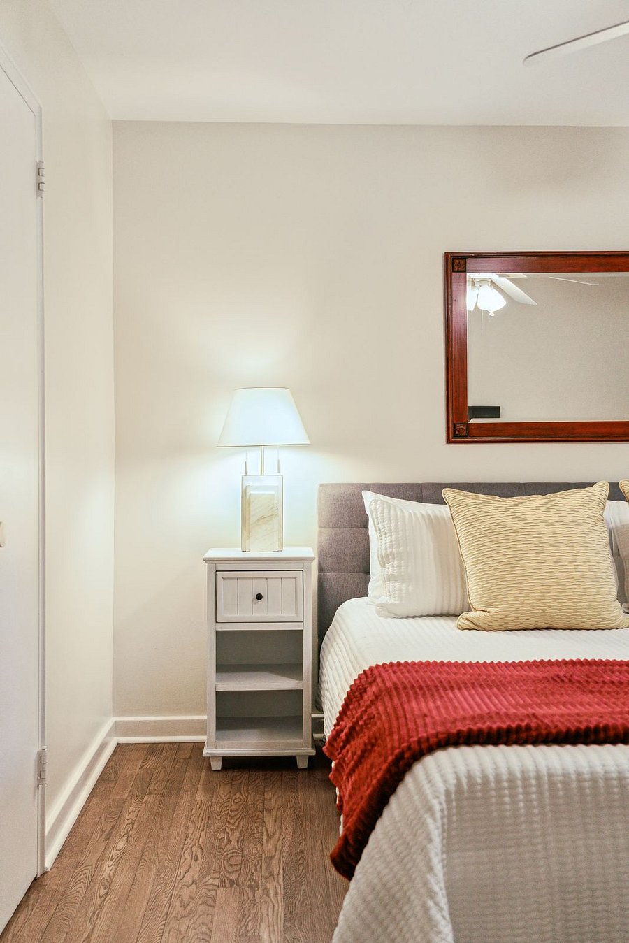Bedroom #1 features a large and comfy king sized bed, dresser, closet, and Roku smart TV.