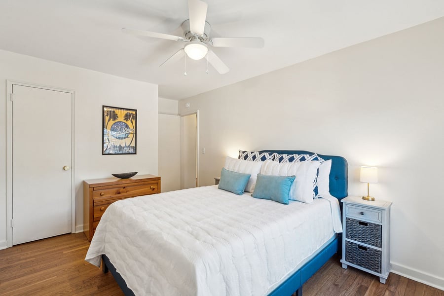 Bedroom #2 includes a queen bed, dresser, closet, and Roku smart TV.