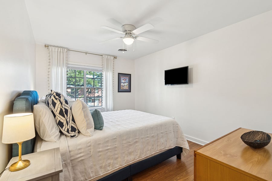 Bedroom #2 includes a queen bed, dresser, closet, and Roku smart TV.