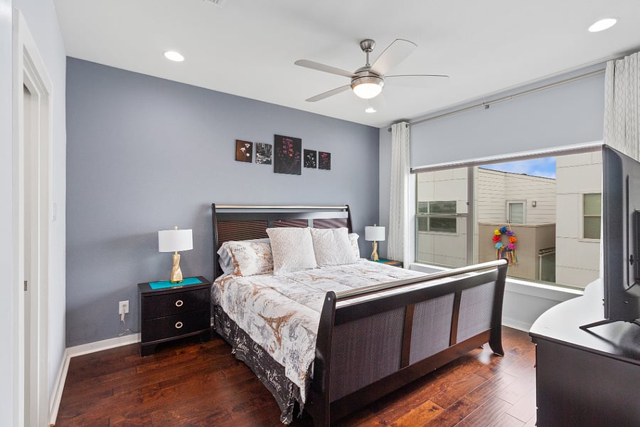 Enjoy abundant natural light from the oversized window during the day and the bedside charging lamps for the evenings.