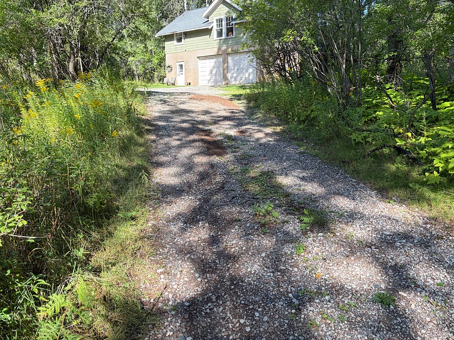 Gravel drive to carriage house.