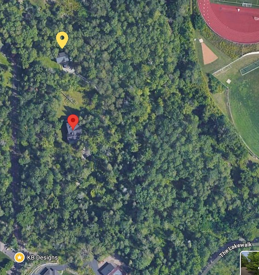 Red dot main house.  Yellow dot is the carriage house/garage.