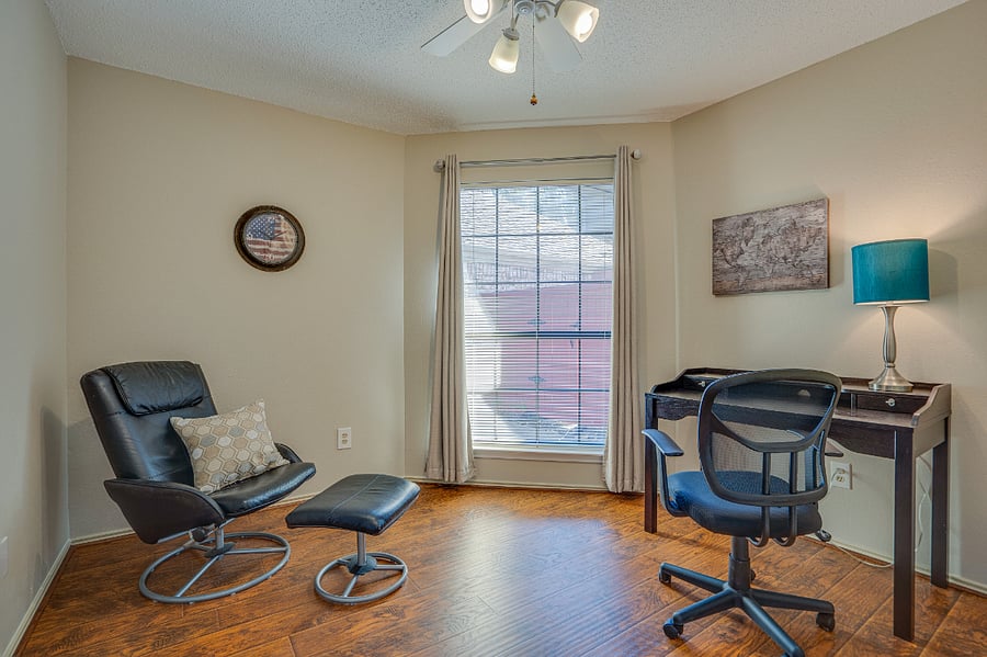 Option 3: The third bedroom has three configurations:
1. Twin bed, with desk and chair.
2. Full-size baby bed, with desk and chair
3. An office setup without beds