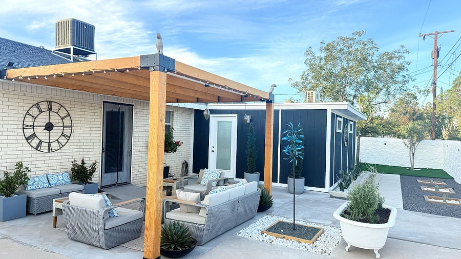 Backyard view of the studio attached to the house.