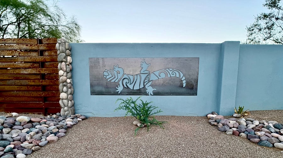 Metal art in parking lot.