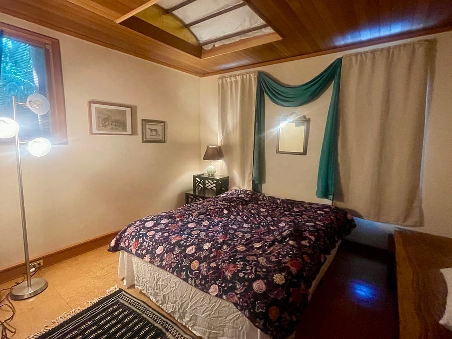 Japanese-inspired dropped bamboo ceiling and cork floor. This bedroom is in the deep back corner of the lot, a quiet little bubble that even night shift workers can enjoy.