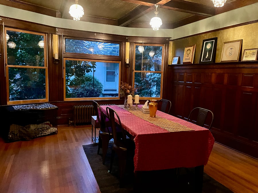 Dining room. There's currently a standing/sitting desk and work area to the right of the window.