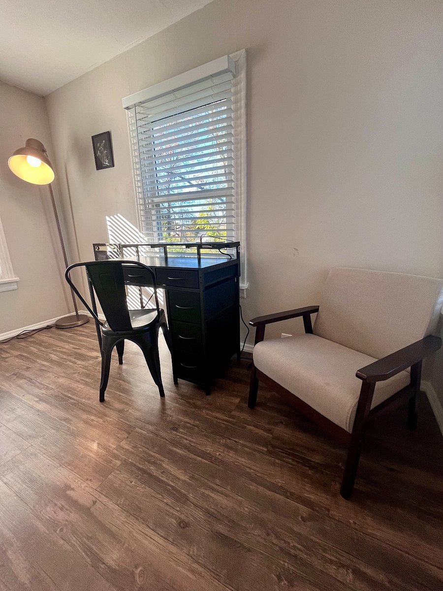 Designated work space with built in outlets to the desk for easy set up.
