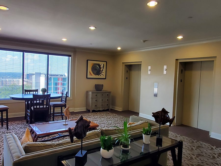 Lobby area in front of elevator top floor.