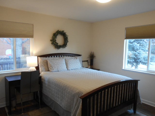 Tempur-Pedic mattress is so comfortable. 
Primary Bedroom features 'lights out' blinds, double pane windows, hardwood flooring, closet and full sized chest of drawers. 