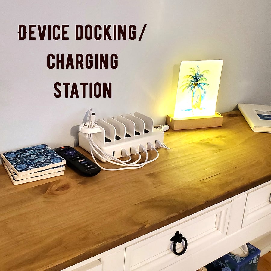 Docking station includes Apple and Android plugs.