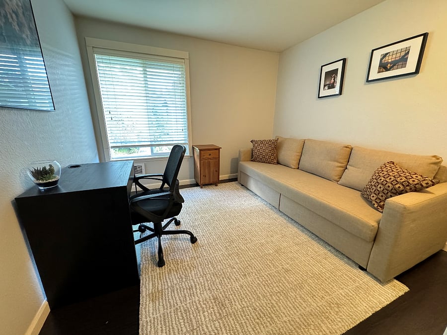 Second bedroom with dedicated work area. The couch opens into comfortable full bed (mattress toper and linens provided).