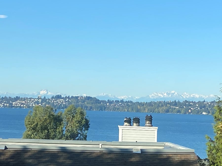 Views of the Olympic Mountains on a clear day.