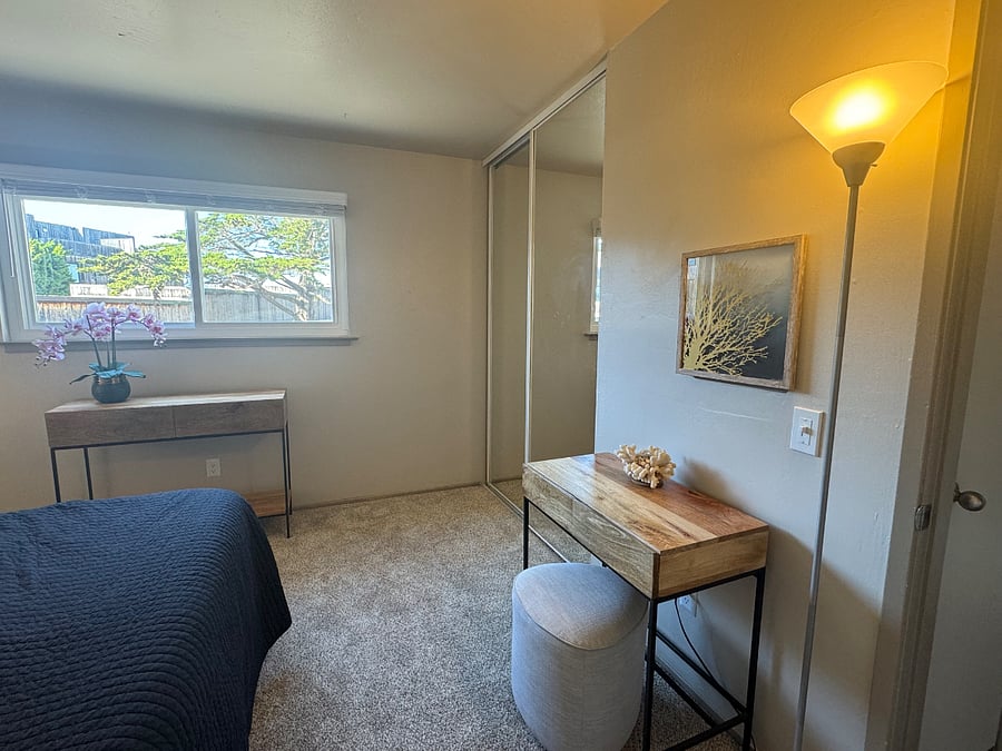 Full length mirror closet. Sneak ocean view from bedroom. Hear the waves and animal sea life from the windows.