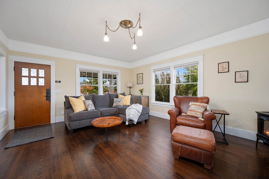 Living room with original inlaid oak flooring.