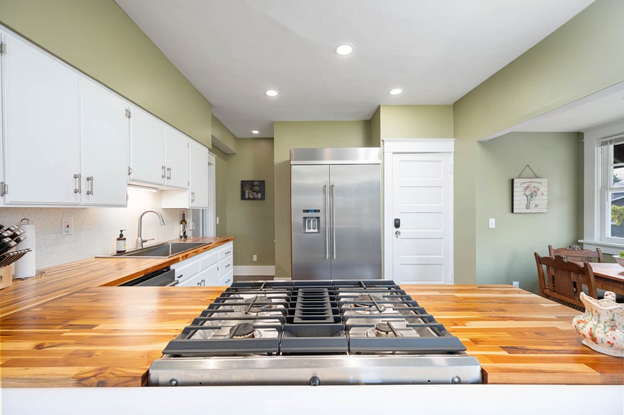 View of the kitchen from the dining room.