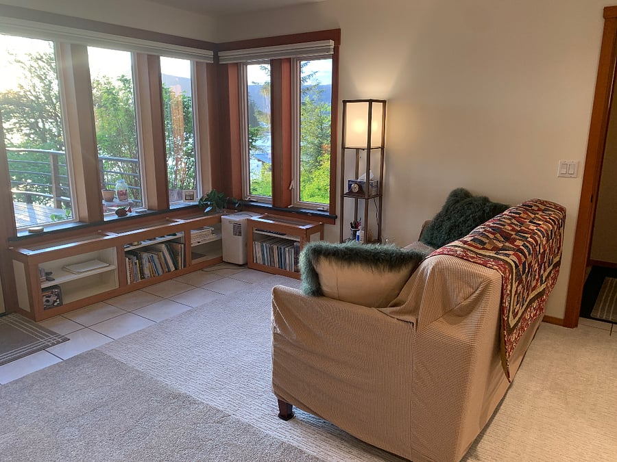 Couch that is a hide-a-bed for an occasional visitor looking out over the deck and water.