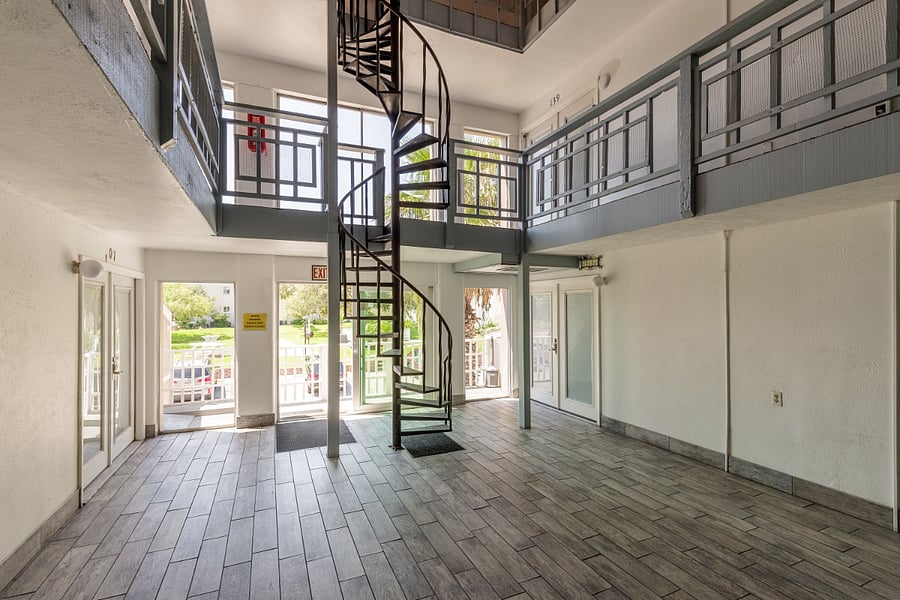 There are several staircases to utilize this is only one of them. There are regular stairs as well as an elevator. The condo is located on the 4th floor.