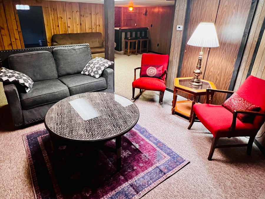 Lower level living room area with cute furniture and smart TV