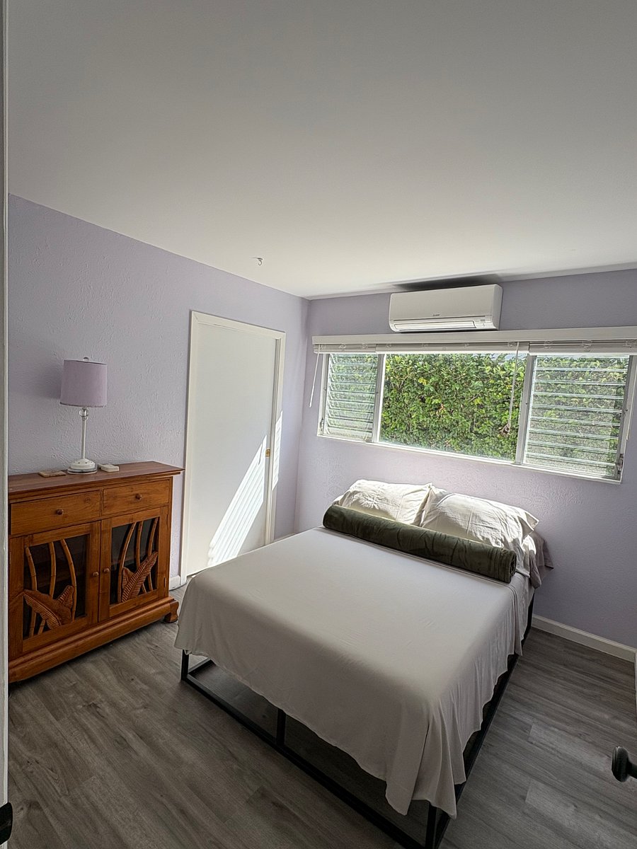 Bedroom 3: full size bed, 2 king size pillows, 2 queen size pillows, 1 green blanket,100 cotton fitted/flat sheets/pillow cases, 1 lavender lamp, 1 banana leaf teak storage cabinet, beveled mirror sliding closet door, 1 Mitsubishi split AC with remote control