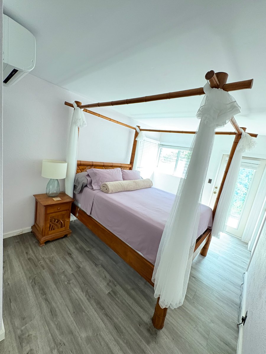 Bedroom 2: Queen size teak banana leaf 4 poster bed, draped with soft white mesh fabric, 2 king size pillows, 2 queen size pillows, 1 cream colored blanket,100 cotton fitted/flat sheets/pillow cases, 1 night lamp, 1 banana leaf teak night stand, beveled mirror sliding closet door, 1 Mitsubishi split AC with remote control