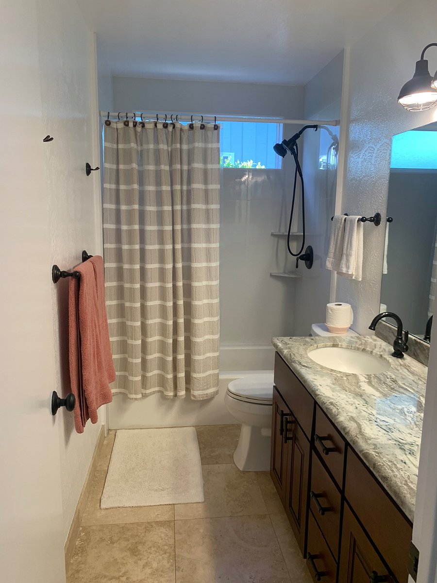Bathroom, pic 1: Starter toiletries included, 100% cotton shower curtain with eco friendly/non-toxic liner. Granite countertop. Kohler oil rubbed bronze fixers: double sink faucets, medicine cabinet, toilet/cover, tub/shower system
