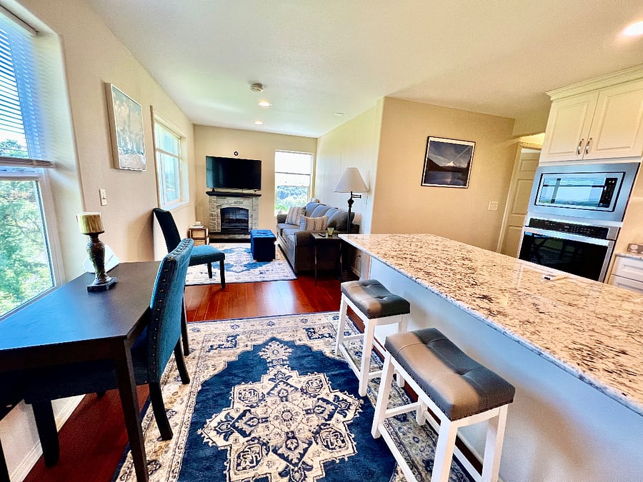 Kitchen, island and work/dining table